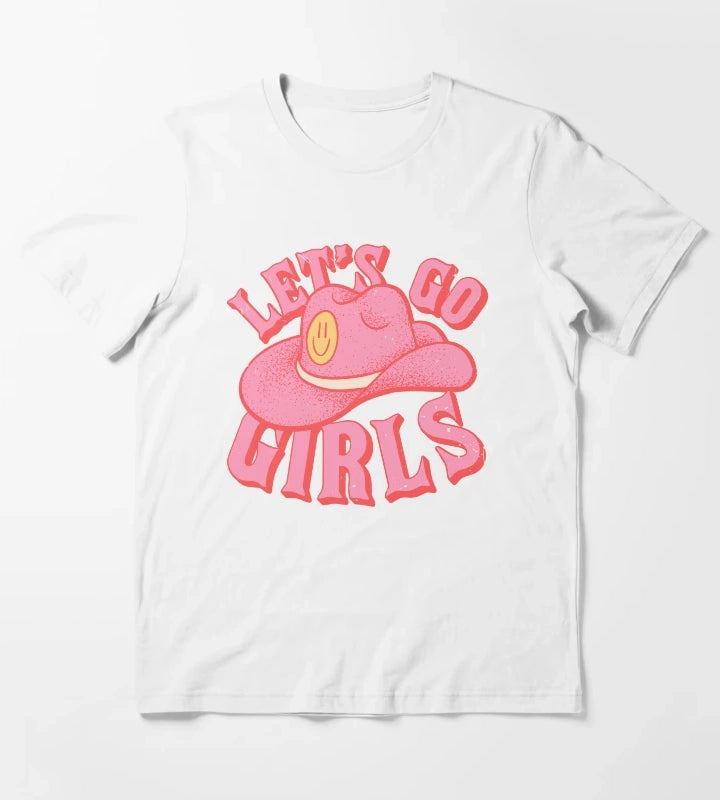 Lets Go Girls Pink Cowboy Cowgirl Rodeo Hat Preppy Aesthetic Bachelorette Party HOWDY YALL White Background T-Shirt White