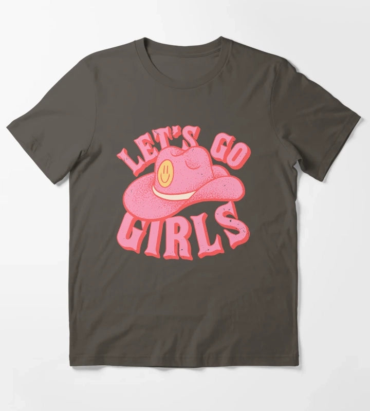 Lets Go Girls Pink Cowboy Cowgirl Rodeo Hat Preppy Aesthetic Bachelorette Party HOWDY YALL White Background T-Shirt Dark Grey