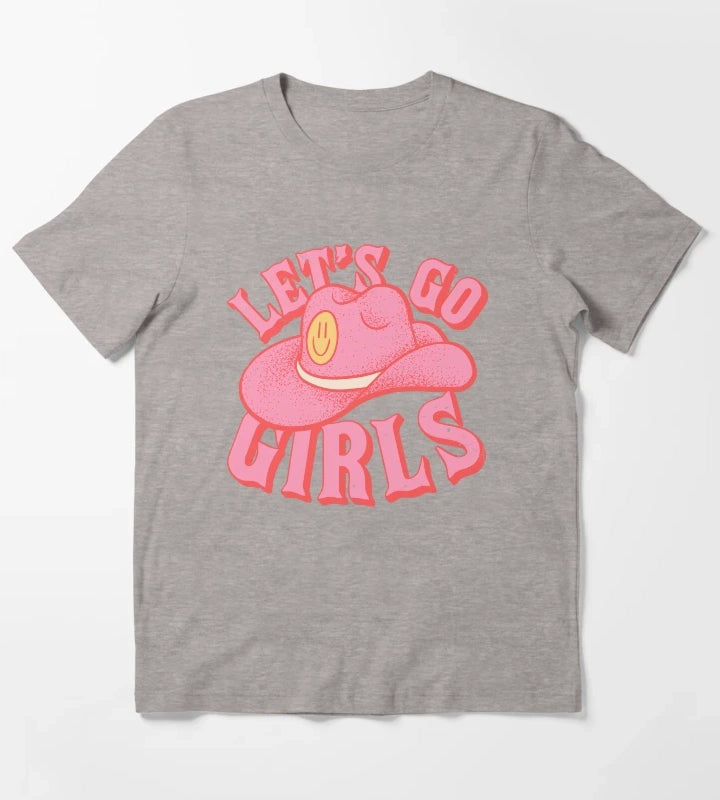 Lets Go Girls Pink Cowboy Cowgirl Rodeo Hat Preppy Aesthetic Bachelorette Party HOWDY YALL White Background T-Shirt Heather Grey