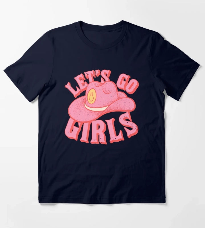 Lets Go Girls Pink Cowboy Cowgirl Rodeo Hat Preppy Aesthetic Bachelorette Party HOWDY YALL White Background T-Shirt Navy