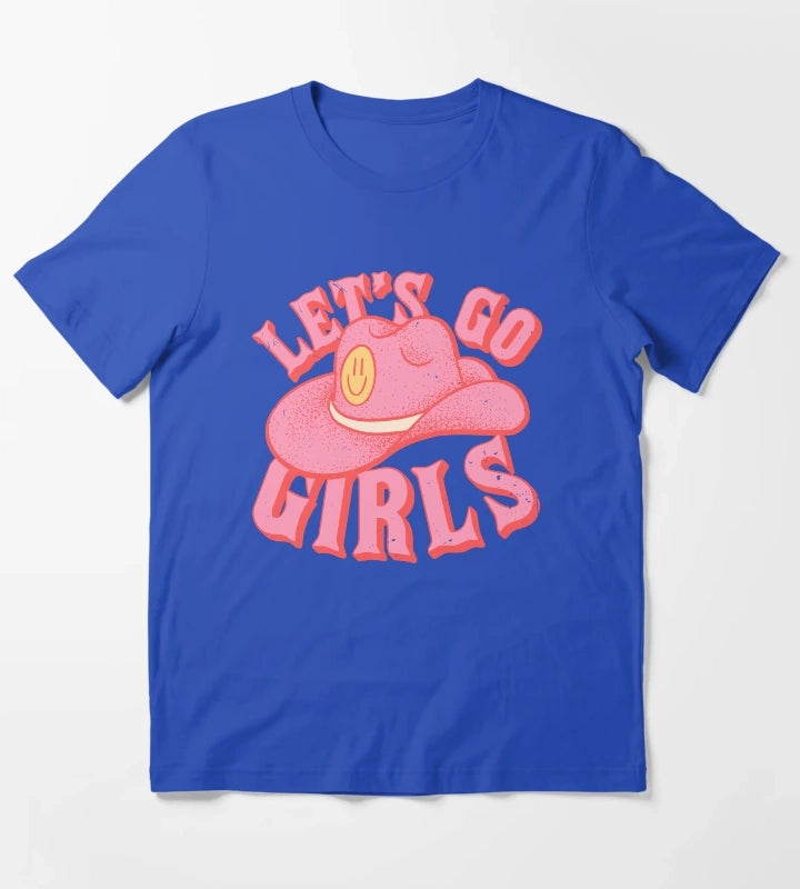 Lets Go Girls Pink Cowboy Cowgirl Rodeo Hat Preppy Aesthetic Bachelorette Party HOWDY YALL White Background T-Shirt Blue