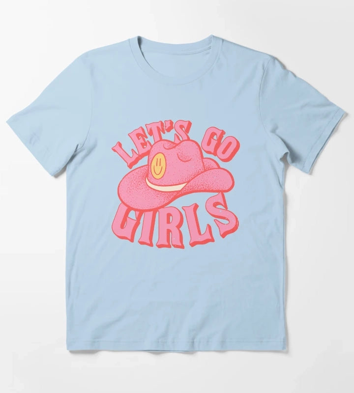 Lets Go Girls Pink Cowboy Cowgirl Rodeo Hat Preppy Aesthetic Bachelorette Party HOWDY YALL White Background T-Shirt Sky Blue