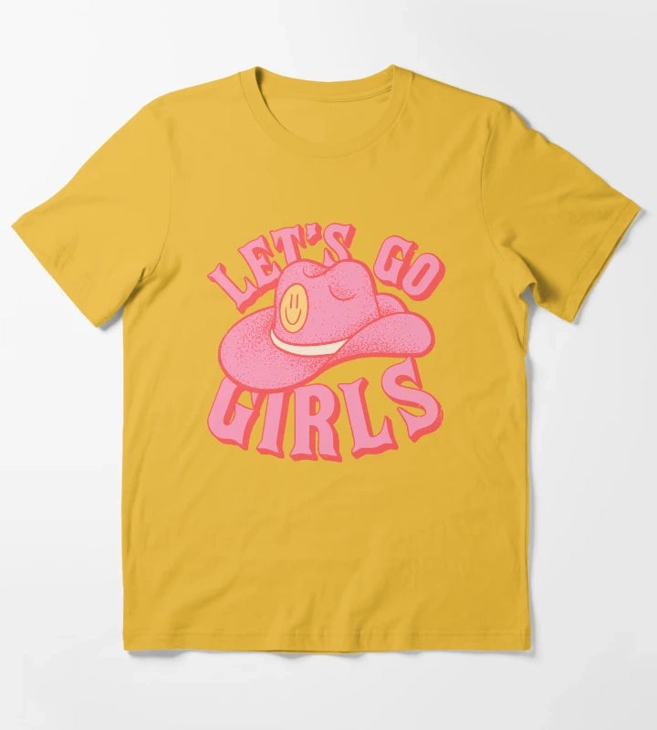 Lets Go Girls Pink Cowboy Cowgirl Rodeo Hat Preppy Aesthetic Bachelorette Party HOWDY YALL White Background T-Shirt Yellow