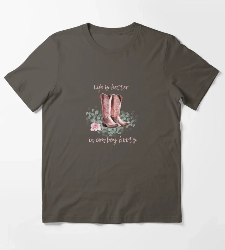 Life is Better in Cowboy Boots Coastal Cowgirl T-Shirt Dark Grey
