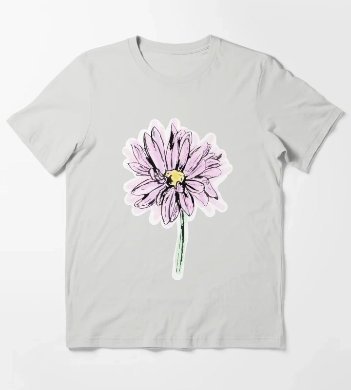 Line Drawing Daisy in Purple Pink T-Shirt Light Grey