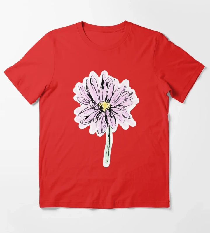Line Drawing Daisy in Purple Pink T-Shirt Red