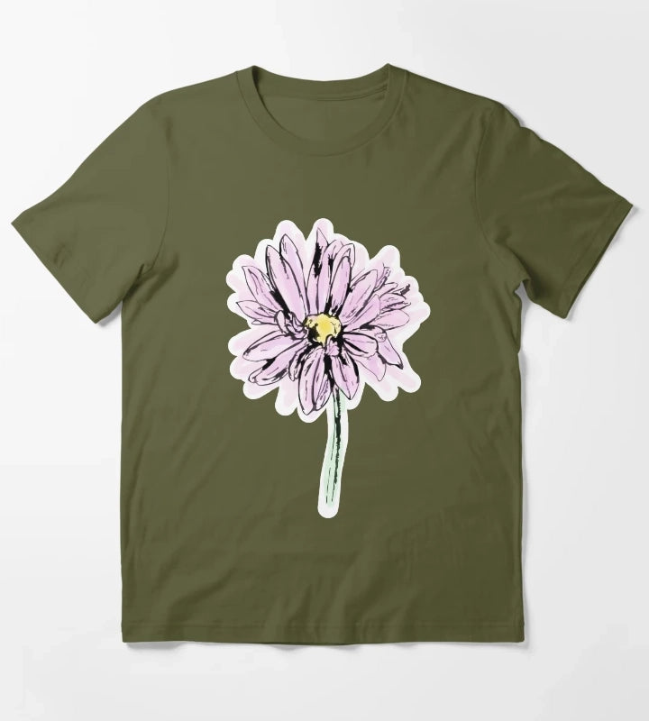 Line Drawing Daisy in Purple Pink T-Shirt Olive Green