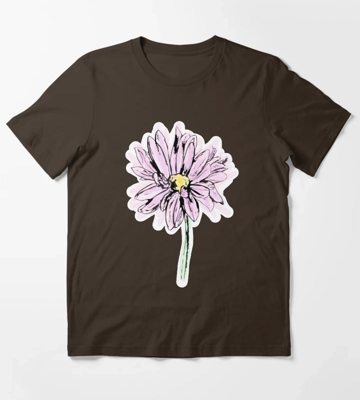 Line Drawing Daisy in Purple Pink T-Shirt Brown