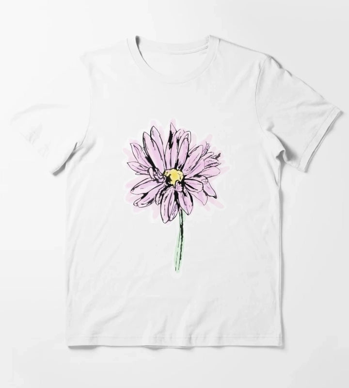 Line Drawing Daisy in Purple Pink T-Shirt White