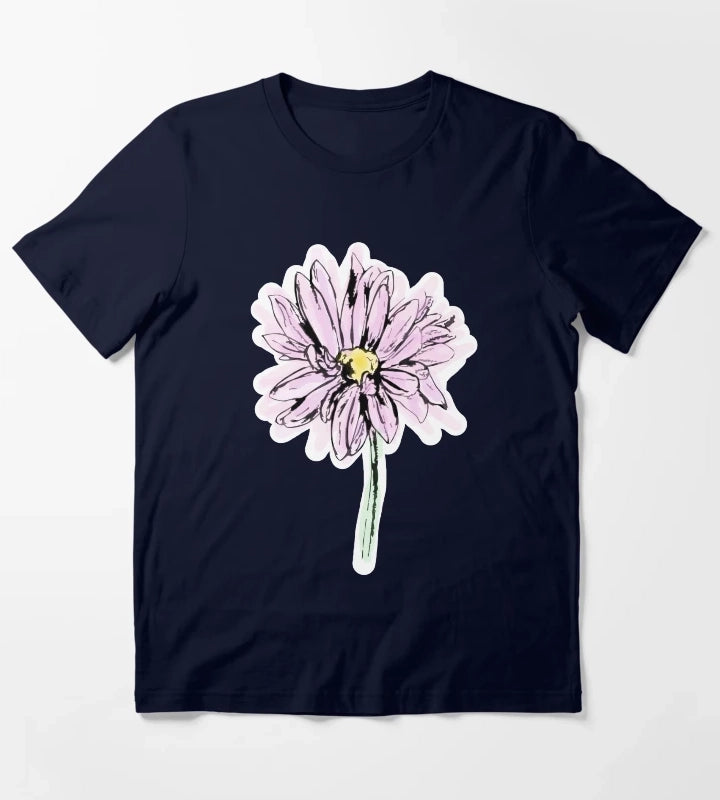 Line Drawing Daisy in Purple Pink T-Shirt Navy