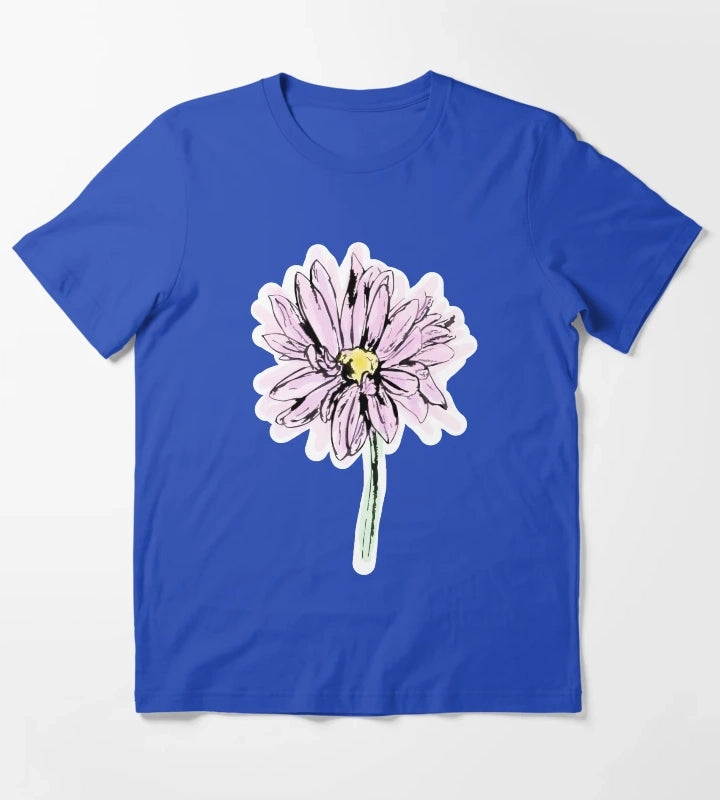 Line Drawing Daisy in Purple Pink T-Shirt Blue