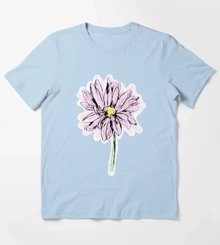 Line Drawing Daisy in Purple Pink T-Shirt Sky Blue