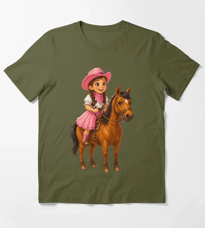 Little Cowgirl Riding Horse T-Shirt Olive Green