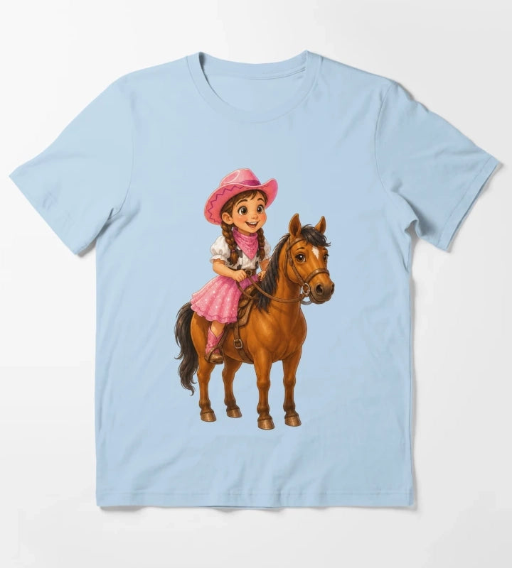 Little Cowgirl Riding Horse T-Shirt Sky Blue