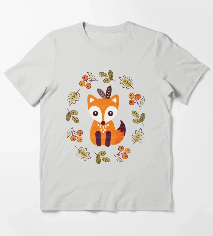 Little Red Fox with Autumn Berries T-Shirt Light Grey