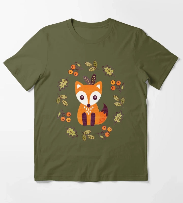 Little Red Fox with Autumn Berries T-Shirt Olive Green