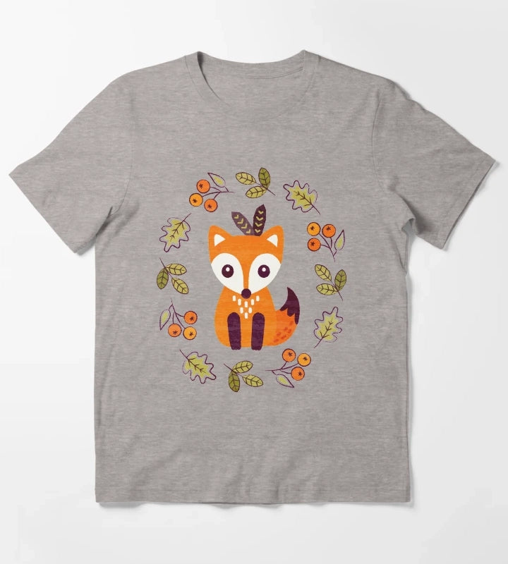 Little Red Fox with Autumn Berries T-Shirt Heather Grey