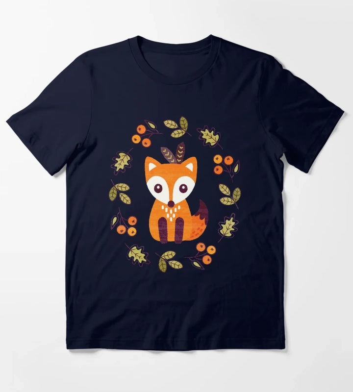 Little Red Fox with Autumn Berries T-Shirt Navy