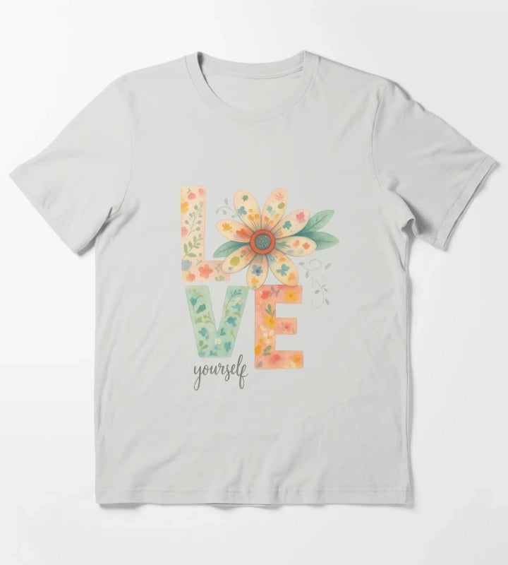 Love Yourself Floral Watercolor Typography T-Shirt Light Grey