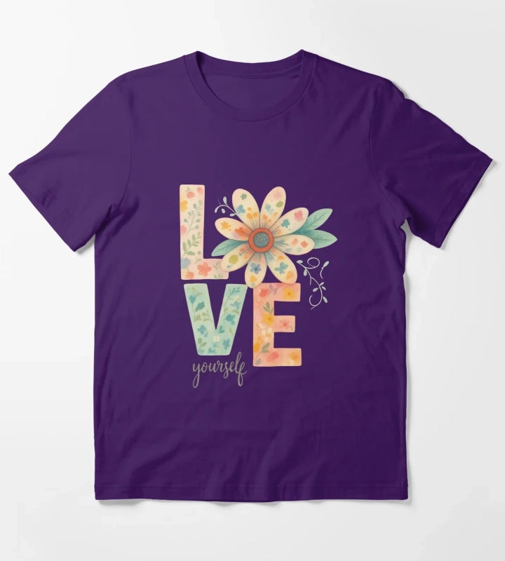 Love Yourself Floral Watercolor Typography T-Shirt Purple