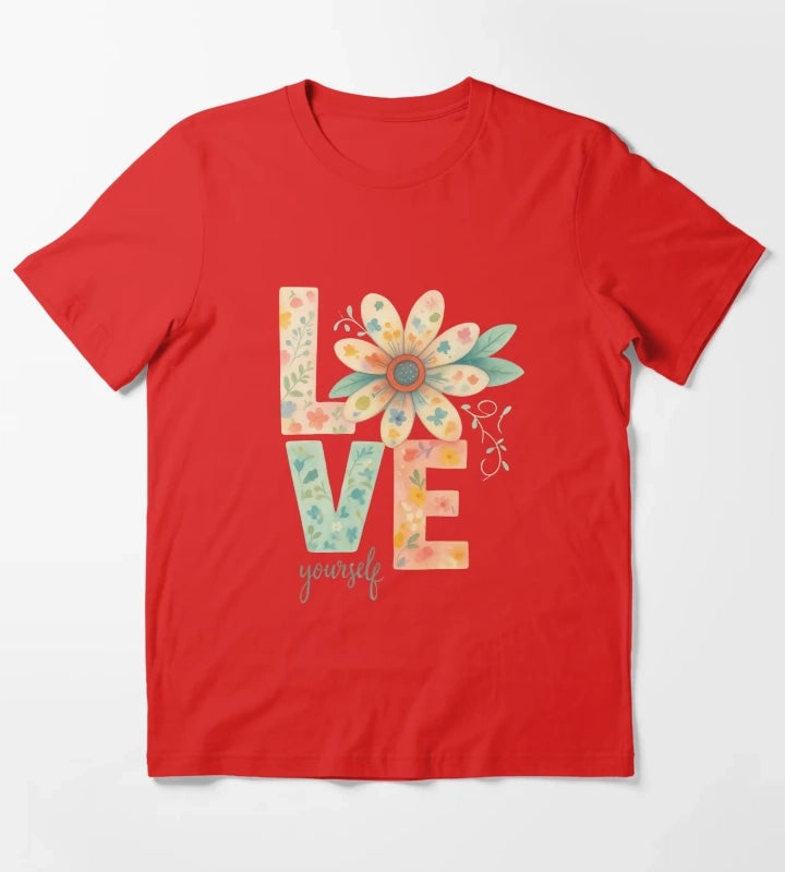 Love Yourself Floral Watercolor Typography T-Shirt Red