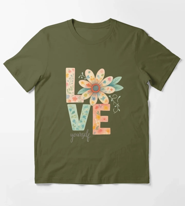 Love Yourself Floral Watercolor Typography T-Shirt Olive Green