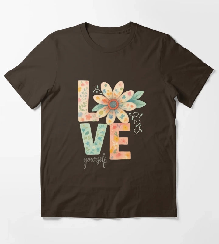 Love Yourself Floral Watercolor Typography T-Shirt Brown