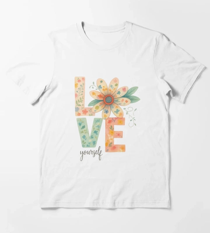 Love Yourself Floral Watercolor Typography T-Shirt White