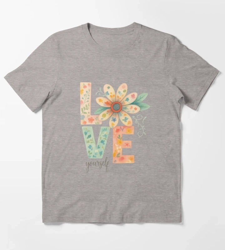 Love Yourself Floral Watercolor Typography T-Shirt Heather Grey