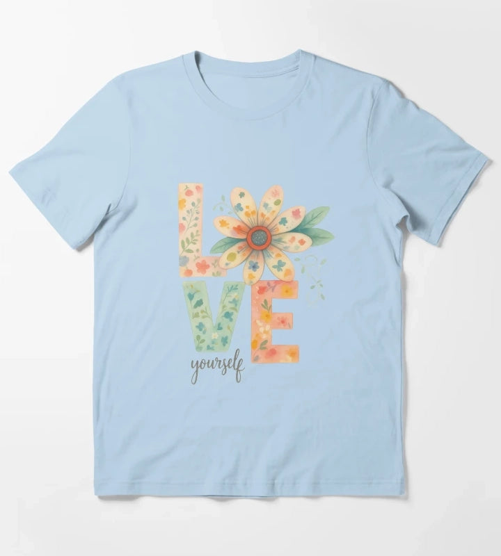 Love Yourself Floral Watercolor Typography T-Shirt Sky Blue