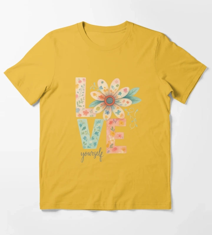 Love Yourself Floral Watercolor Typography T-Shirt Yellow