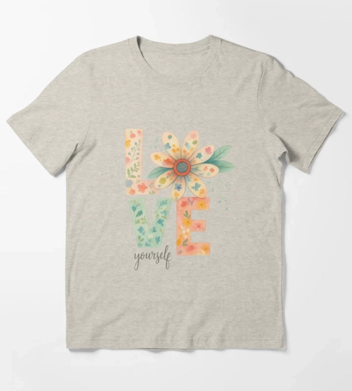 Love Yourself Floral Watercolor Typography T-Shirt Cream