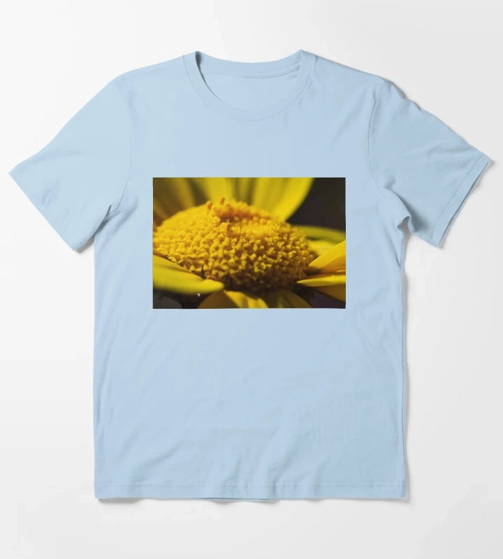 Macro CloseUp Of Yellow Daisy Flower Center With Petals And Pollen Texture T-Shirt Sky Blue