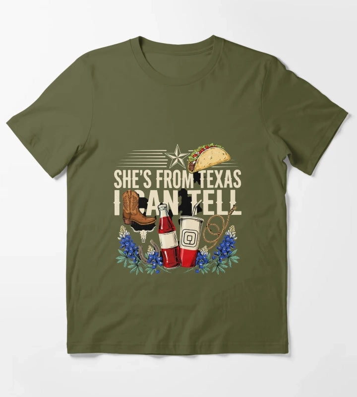 Mens Shes from Texas I Can Tell Cowgirl Taco Boots Performance T-Shirt Olive Green