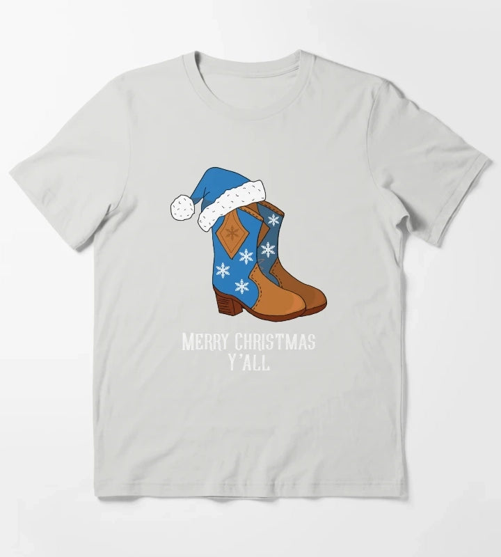 Merry Christmas Yall Blue Country Cowboy Boots T-Shirt Light Grey