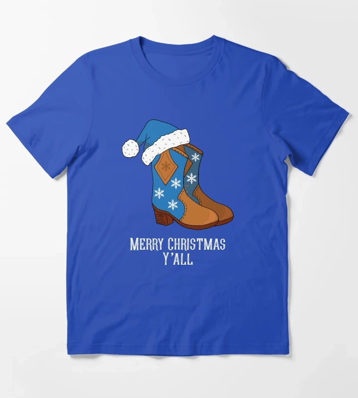 Merry Christmas Yall Blue Country Cowboy Boots T-Shirt Blue