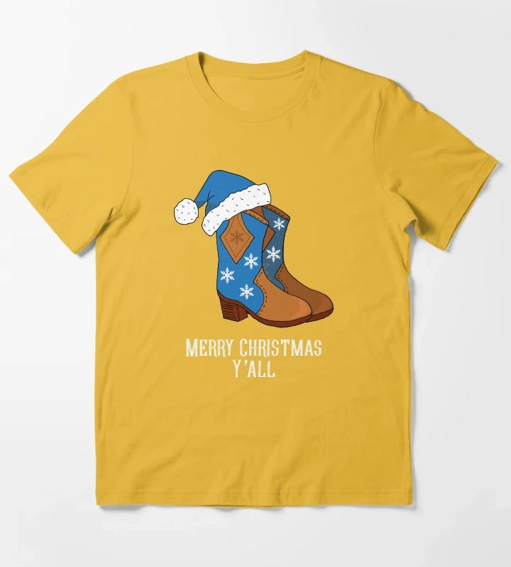 Merry Christmas Yall Blue Country Cowboy Boots T-Shirt Yellow
