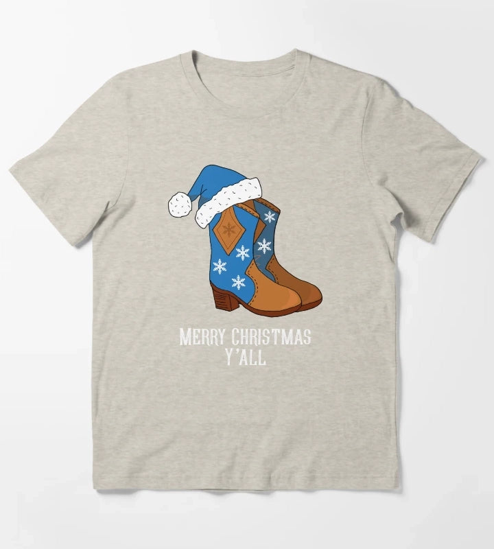 Merry Christmas Yall Blue Country Cowboy Boots T-Shirt Cream