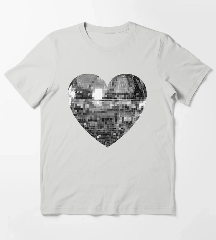 Mirrored Silver Disco Ball Heart T-Shirt Light Grey