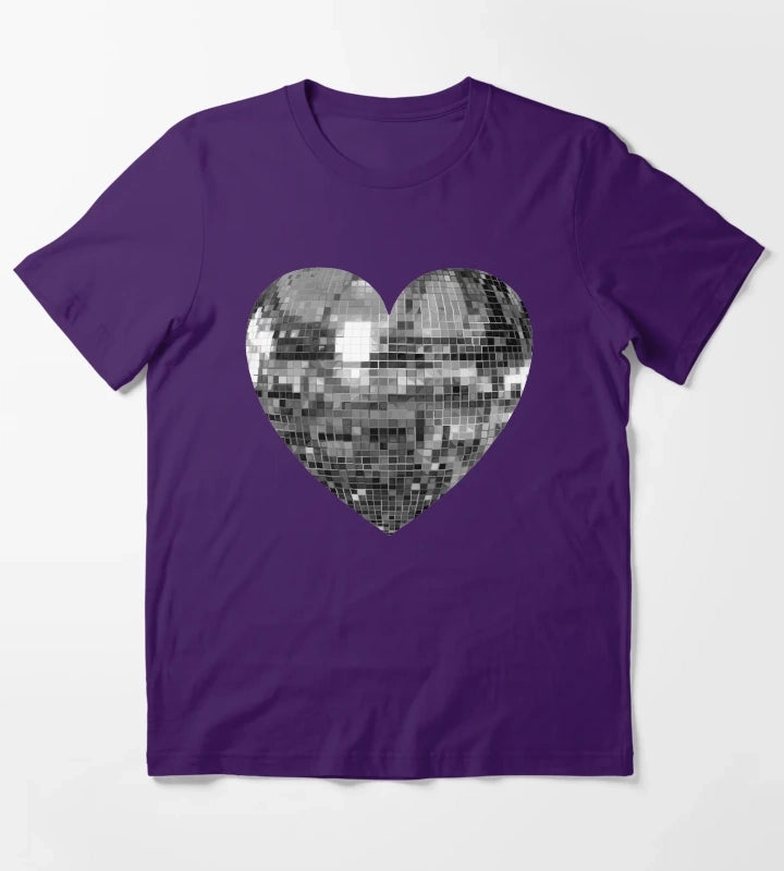 Mirrored Silver Disco Ball Heart T-Shirt Purple