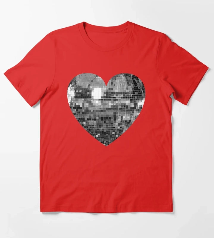 Mirrored Silver Disco Ball Heart T-Shirt Red