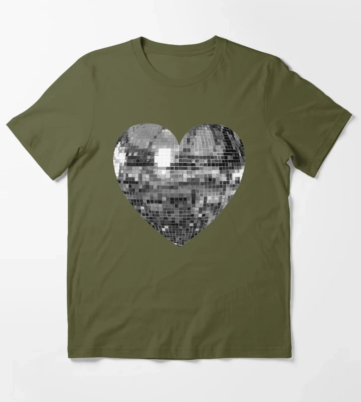 Mirrored Silver Disco Ball Heart T-Shirt Olive Green