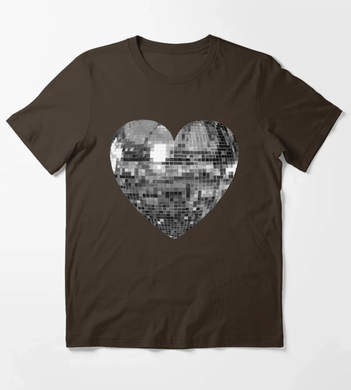 Mirrored Silver Disco Ball Heart T-Shirt Brown