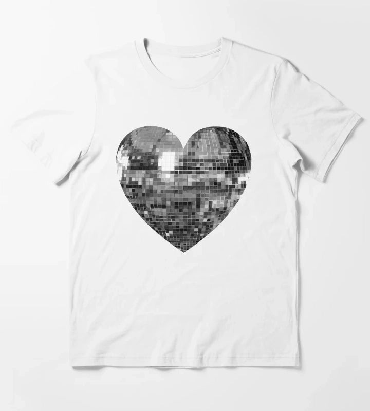 Mirrored Silver Disco Ball Heart T-Shirt White