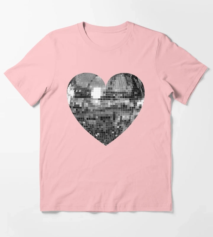 Mirrored Silver Disco Ball Heart T-Shirt Dark Grey