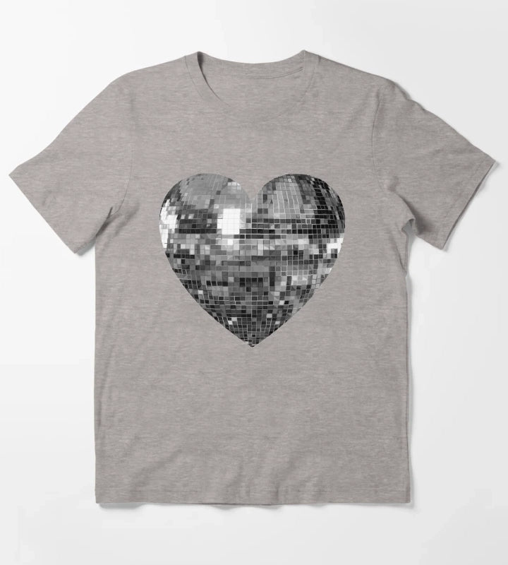 Mirrored Silver Disco Ball Heart T-Shirt Heather Grey