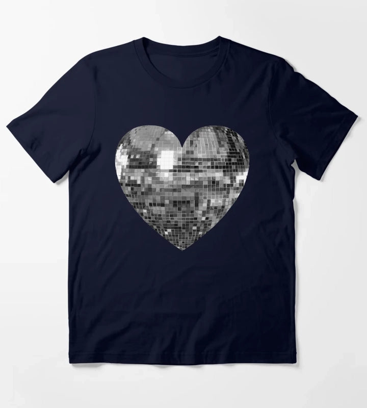 Mirrored Silver Disco Ball Heart T-Shirt Navy