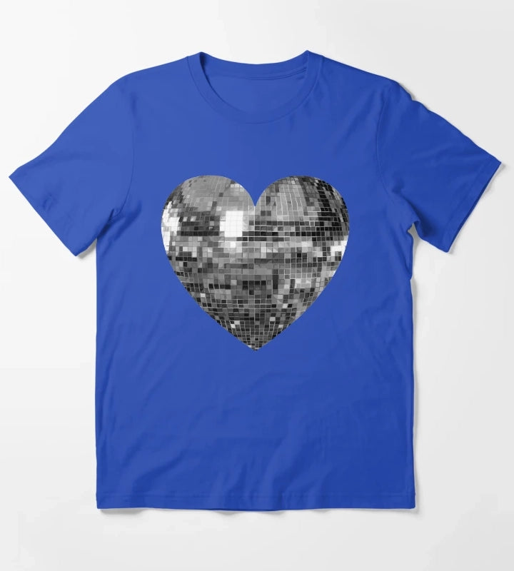 Mirrored Silver Disco Ball Heart T-Shirt Blue
