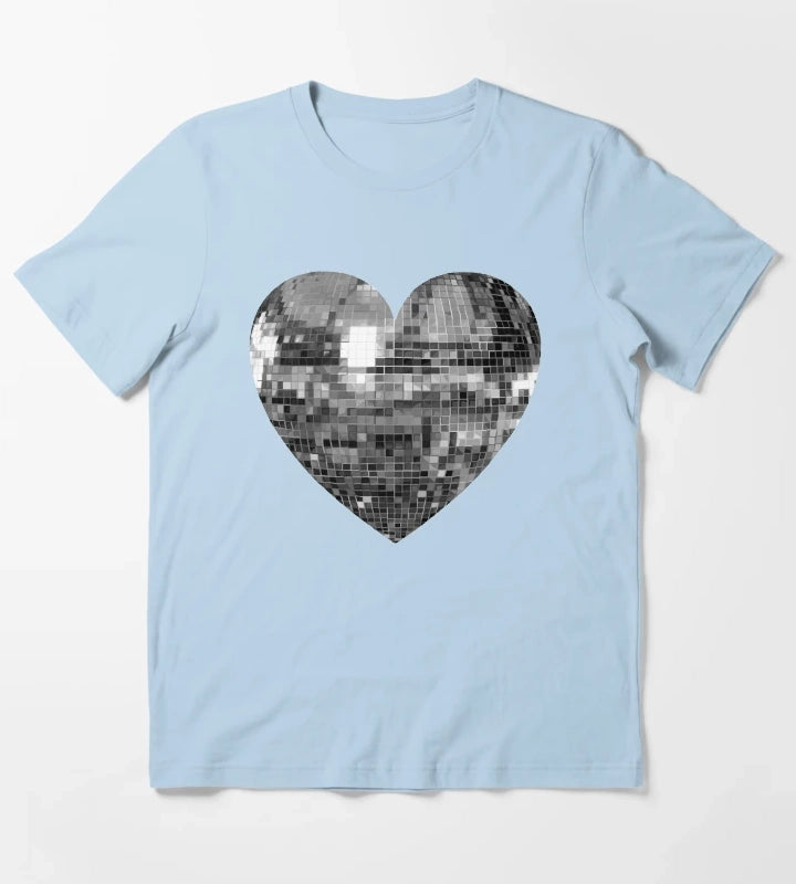 Mirrored Silver Disco Ball Heart T-Shirt Sky Blue
