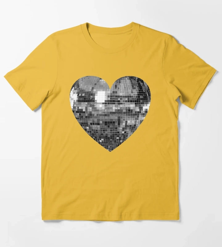 Mirrored Silver Disco Ball Heart T-Shirt Yellow